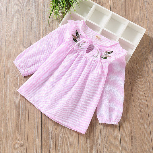 Baby Girl Embroidery Pattern Bow Tie Design Striped Long Sleeve T-Shirt